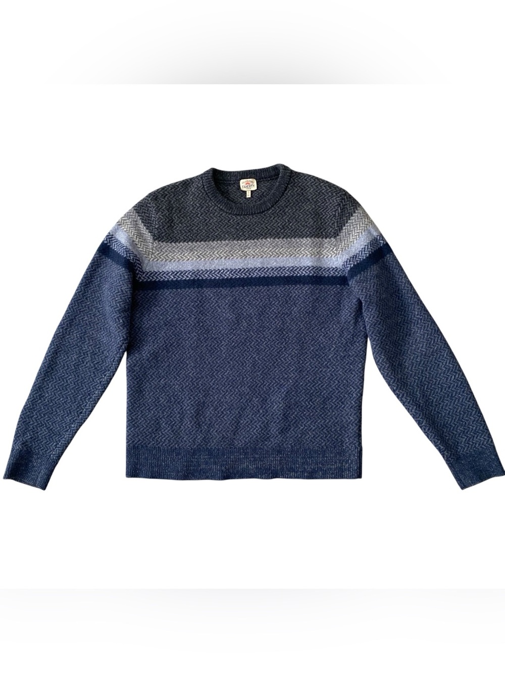 Faherty Men’s L Merino Wool Donegal Crewneck Sweater Blue Herringbone Stripe